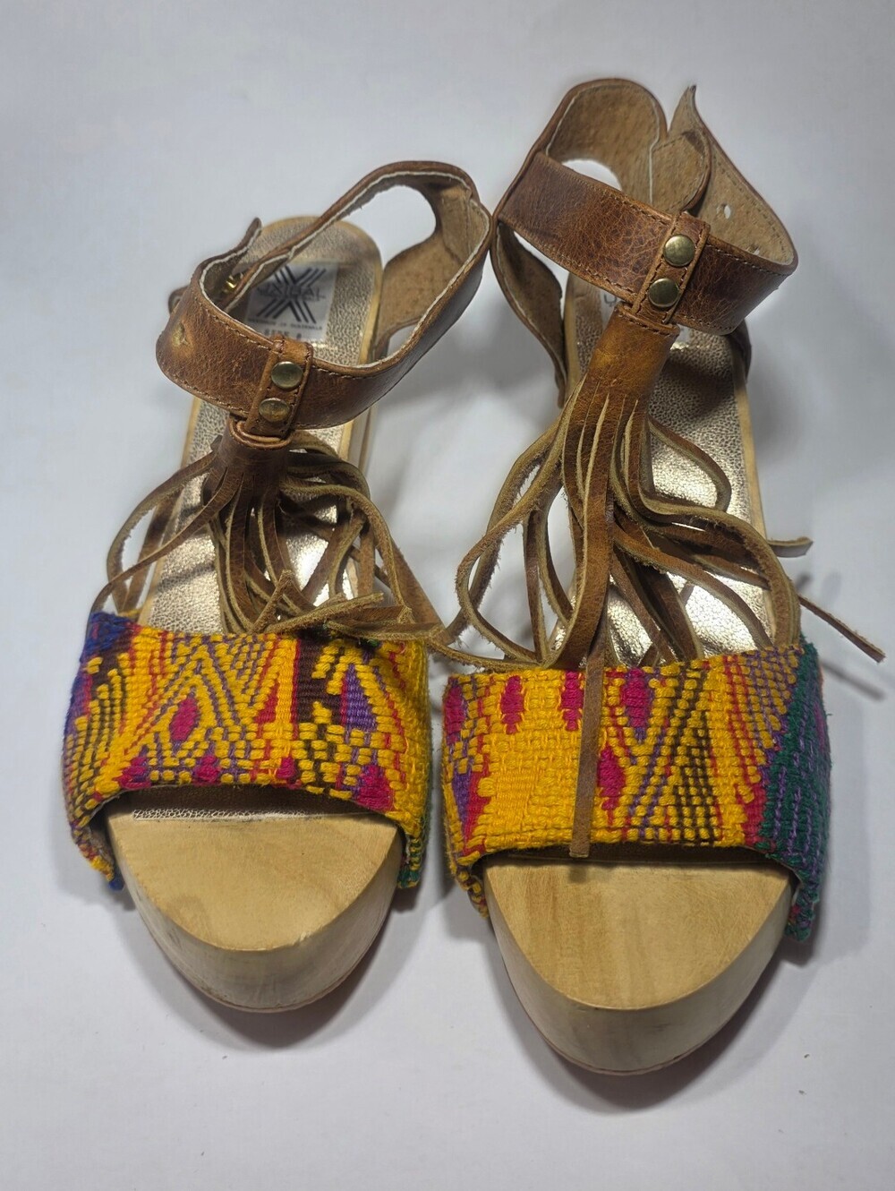Uxibal Womens Size 8 Leather Ankle Strap Wooden Heel Colorful Woven Sandals Boho - Picture 7 of 7